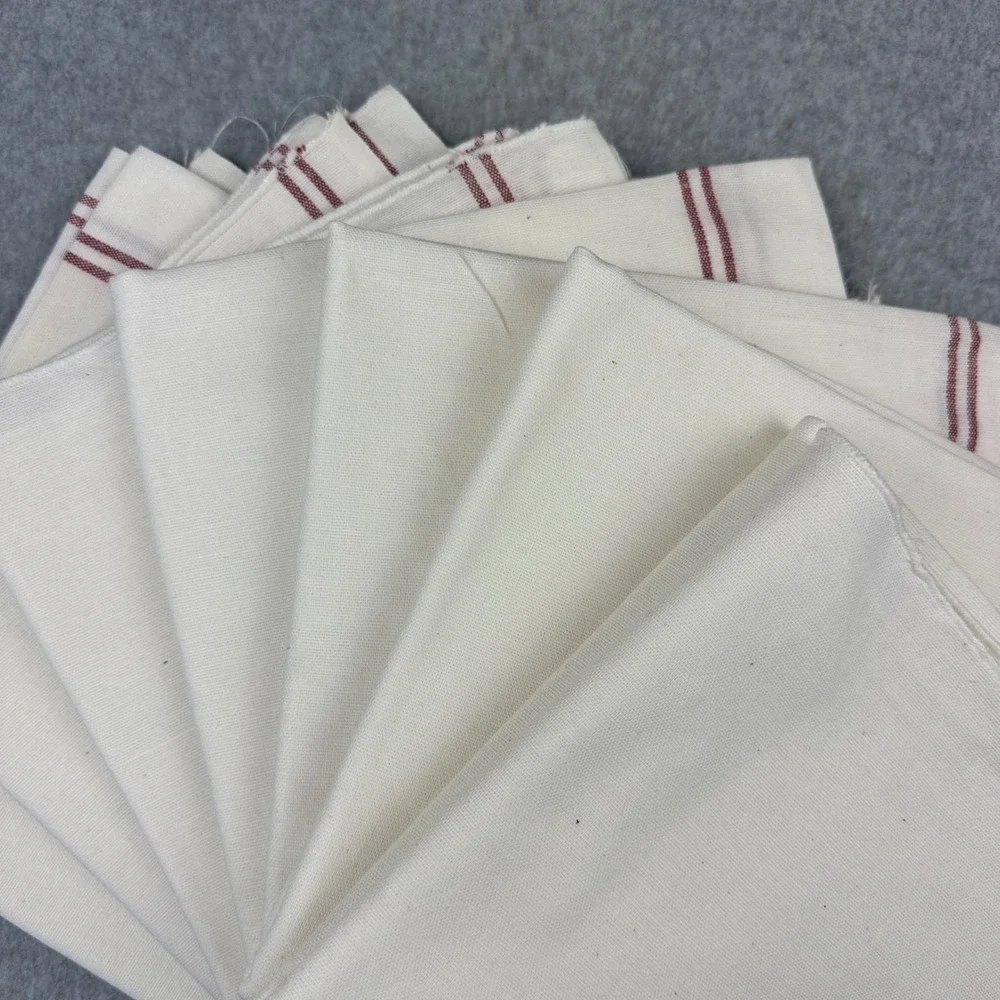 7PC Vtg Linen Farmhouse Tablecloths Bread Cloths Red Stripe 32x34 French Country